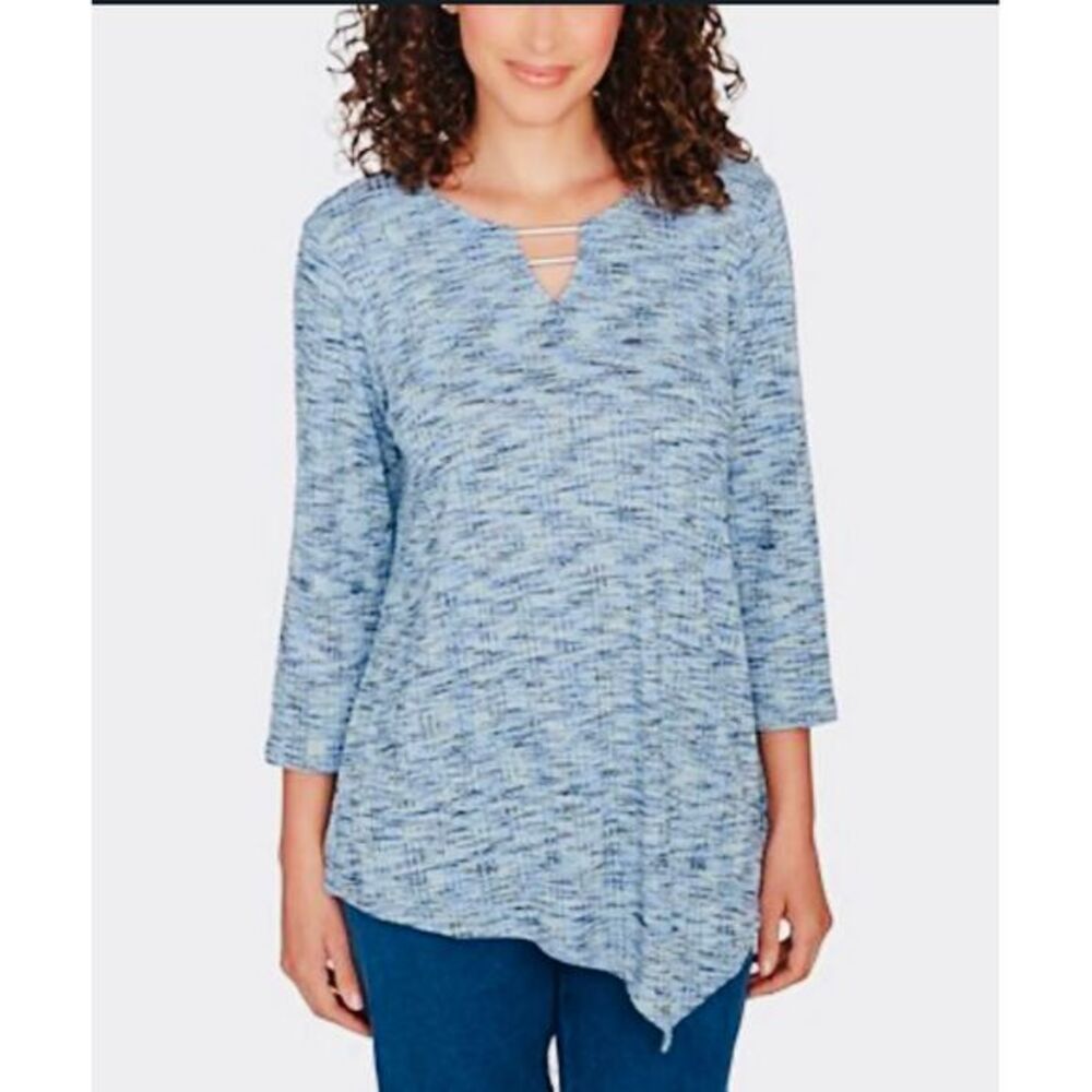 Ruby Rd.‎ Asymmetrical Tunic Top V-Neck 3/4 Sleeve Blue Petite Size PM